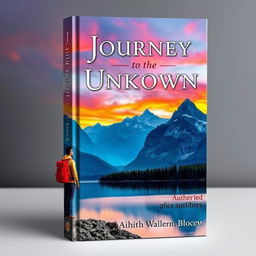 A captivating book cover design featuring a majestic mountain landscape, with a vibrant sunset casting warm orange and purple hues in the sky