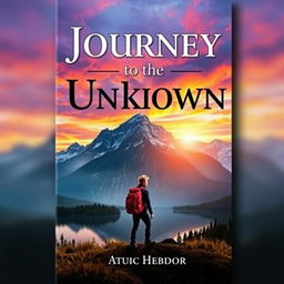 A captivating book cover design featuring a majestic mountain landscape, with a vibrant sunset casting warm orange and purple hues in the sky
