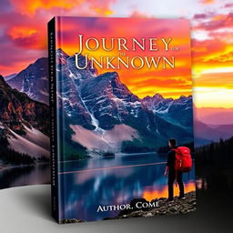 A captivating book cover design featuring a majestic mountain landscape, with a vibrant sunset casting warm orange and purple hues in the sky
