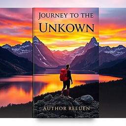 A captivating book cover design featuring a majestic mountain landscape, with a vibrant sunset casting warm orange and purple hues in the sky