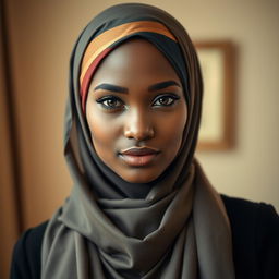 A captivating portrait of a beautiful woman wearing a stylish hijab that elegantly frames her face