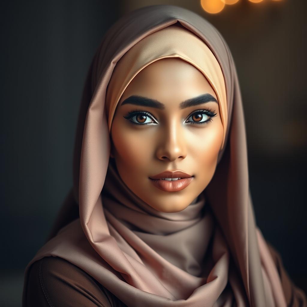 A captivating portrait of a beautiful woman wearing a stylish hijab that elegantly frames her face