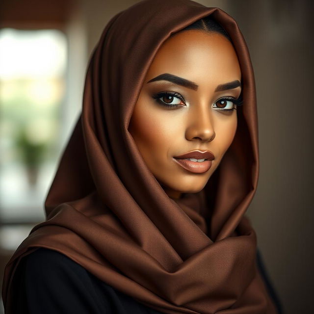 A captivating portrait of a beautiful woman wearing a stylish hijab that elegantly frames her face