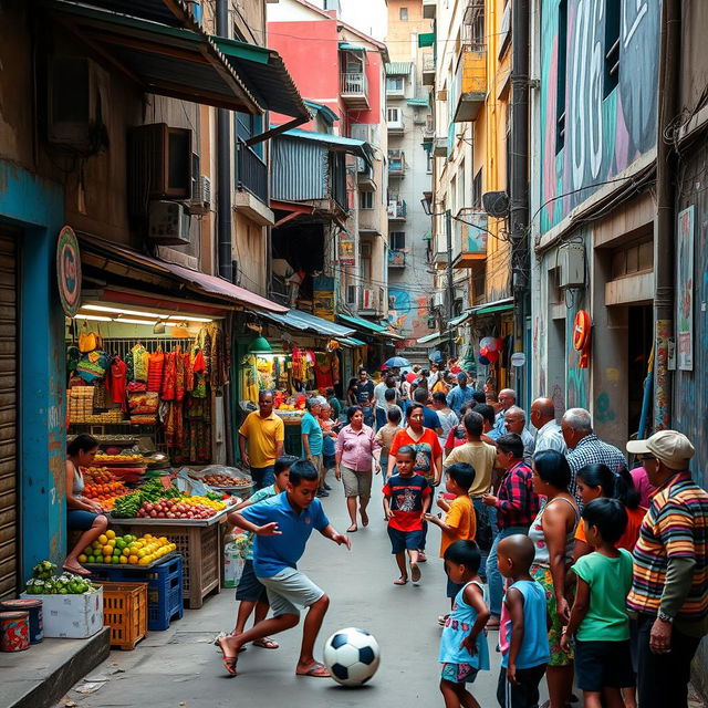 A dynamic urban scene in a developing world country, showcasing a bustling street filled with people engaging in daily activities
