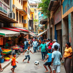 A dynamic urban scene in a developing world country, showcasing a bustling street filled with people engaging in daily activities