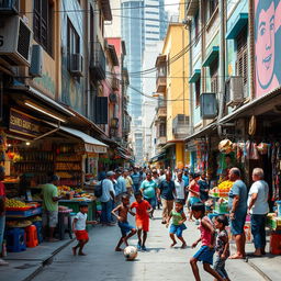 A dynamic urban scene in a developing world country, showcasing a bustling street filled with people engaging in daily activities