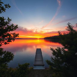 A serene landscape showcasing a picturesque sunset over a tranquil lake