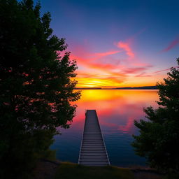 A serene landscape showcasing a picturesque sunset over a tranquil lake