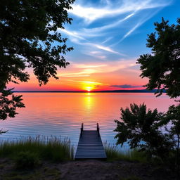 A serene landscape showcasing a picturesque sunset over a tranquil lake