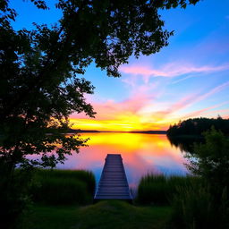 A serene landscape showcasing a picturesque sunset over a tranquil lake