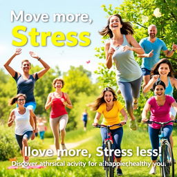 A motivational poster dedicated to stress management, prominently featuring a diverse group of adults engaging in various physical activities such as yoga, running, bicycling, and hiking in a sunny park setting
