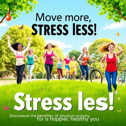 A motivational poster dedicated to stress management, prominently featuring a diverse group of adults engaging in various physical activities such as yoga, running, bicycling, and hiking in a sunny park setting