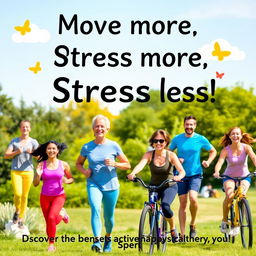 A motivational poster dedicated to stress management, prominently featuring a diverse group of adults engaging in various physical activities such as yoga, running, bicycling, and hiking in a sunny park setting