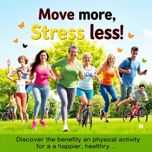 A motivational poster dedicated to stress management, prominently featuring a diverse group of adults engaging in various physical activities such as yoga, running, bicycling, and hiking in a sunny park setting