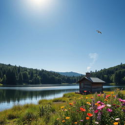 A serene and tranquil landscape featuring a beautiful lake surrounded by lush green forests under a bright blue sky