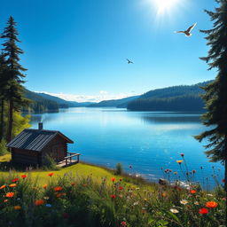 A serene and tranquil landscape featuring a beautiful lake surrounded by lush green forests under a bright blue sky