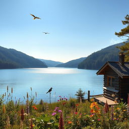 A serene and tranquil landscape featuring a beautiful lake surrounded by lush green forests under a bright blue sky