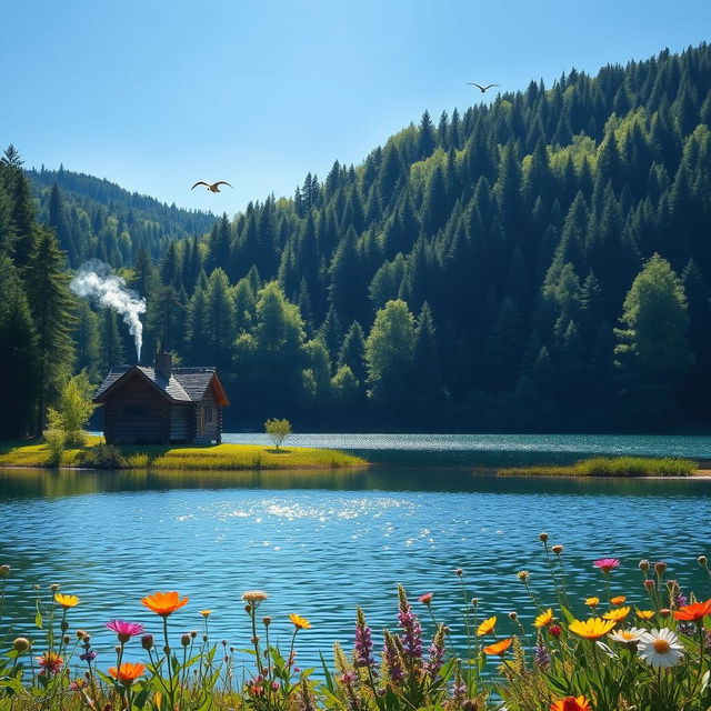 A serene and tranquil landscape featuring a beautiful lake surrounded by lush green forests under a bright blue sky