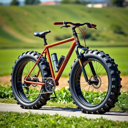 A bicycle uniquely designed with large, rugged tractor tires, showcasing an innovative fusion of cycling and agricultural themes