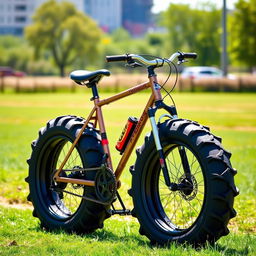 A bicycle uniquely designed with large, rugged tractor tires, showcasing an innovative fusion of cycling and agricultural themes