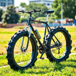 A bicycle uniquely designed with large, rugged tractor tires, showcasing an innovative fusion of cycling and agricultural themes