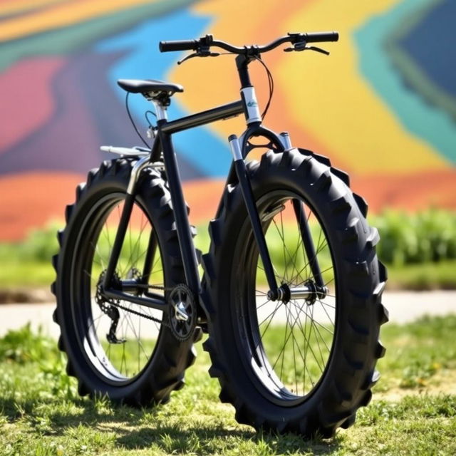 A bicycle uniquely designed with large, rugged tractor tires, showcasing an innovative fusion of cycling and agricultural themes