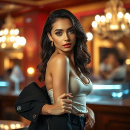 A visually striking portrait of a confident and attractive woman showcasing her stylish outfit that accentuates her figure