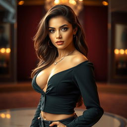 A visually striking portrait of a confident and attractive woman showcasing her stylish outfit that accentuates her figure