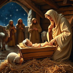 A serene nativity scene depicting the birth of Jesus in a humble manger