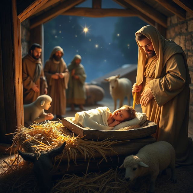 A serene nativity scene depicting the birth of Jesus in a humble manger