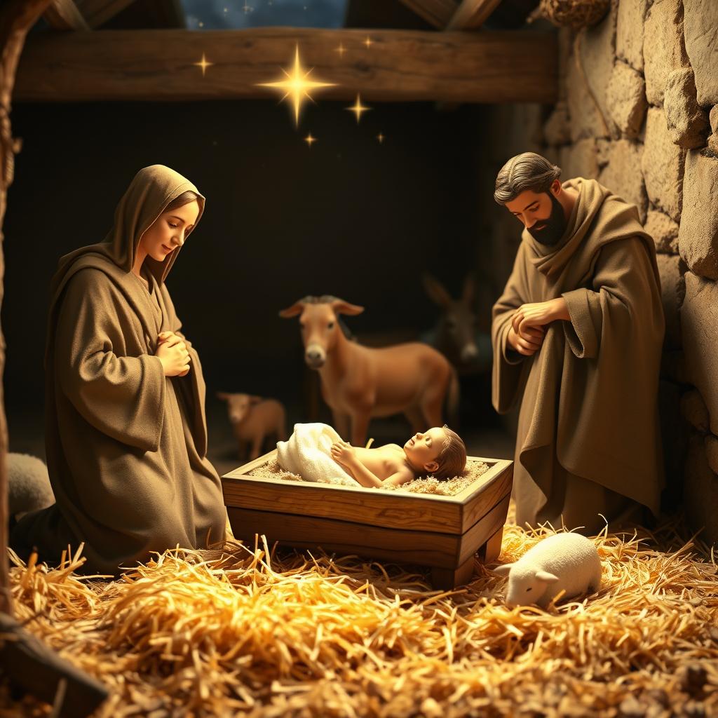 A serene nativity scene depicting the birth of Jesus in a humble manger