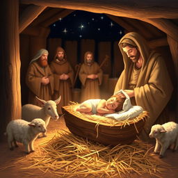 A serene nativity scene depicting the birth of Jesus in a humble manger