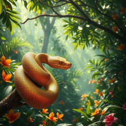 A stunningly detailed image of a golden snake coiled gracefully around a branch in a lush jungle setting