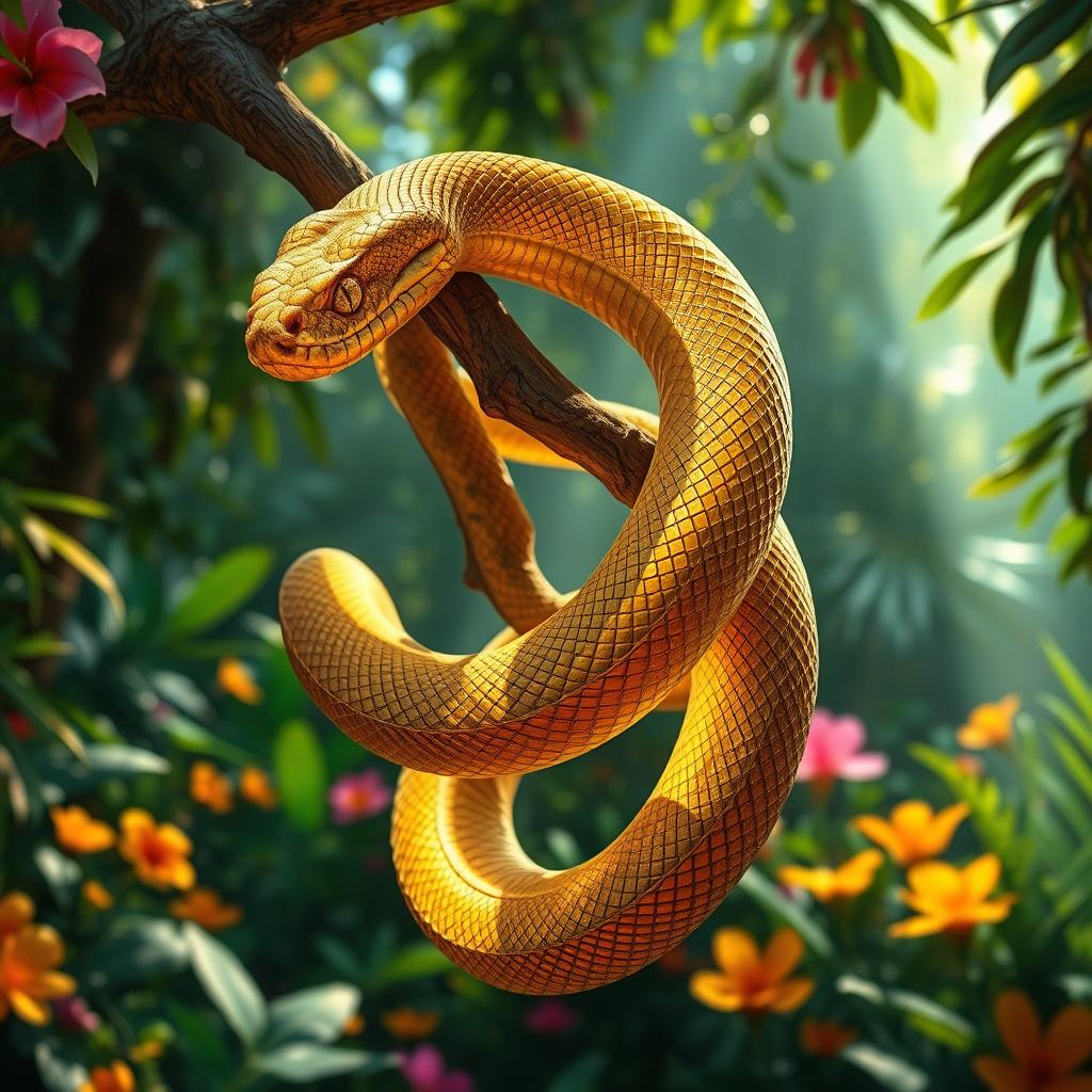 A stunningly detailed image of a golden snake coiled gracefully around a branch in a lush jungle setting