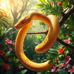 A stunningly detailed image of a golden snake coiled gracefully around a branch in a lush jungle setting