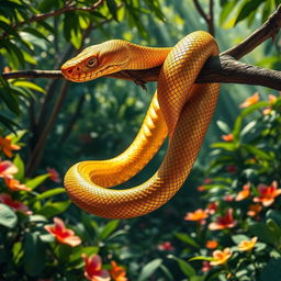 A stunningly detailed image of a golden snake coiled gracefully around a branch in a lush jungle setting