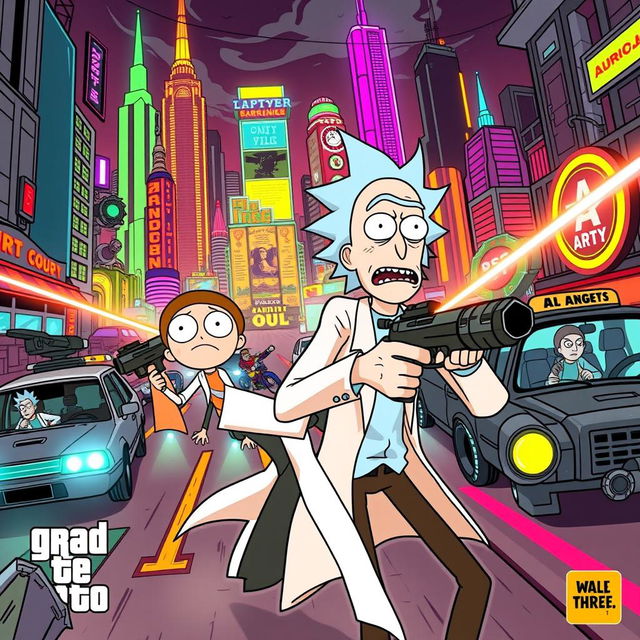 A vibrant and engaging poster inspired by Grand Theft Auto featuring Rick and Morty in a dynamic action scene