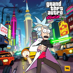 A vibrant and engaging poster inspired by Grand Theft Auto featuring Rick and Morty in a dynamic action scene