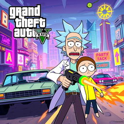 A vibrant and engaging poster inspired by Grand Theft Auto featuring Rick and Morty in a dynamic action scene
