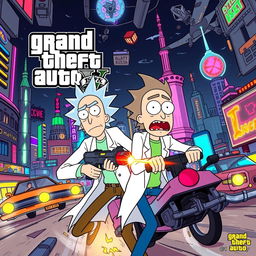 A vibrant and engaging poster inspired by Grand Theft Auto featuring Rick and Morty in a dynamic action scene