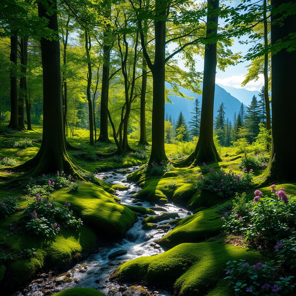 A serene and enchanting forest landscape, dappled with sunlight filtering through the lush green canopies