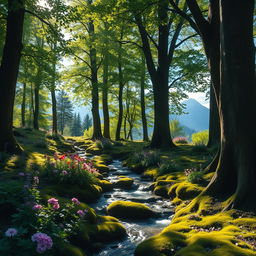 A serene and enchanting forest landscape, dappled with sunlight filtering through the lush green canopies