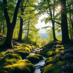 A serene and enchanting forest landscape, dappled with sunlight filtering through the lush green canopies