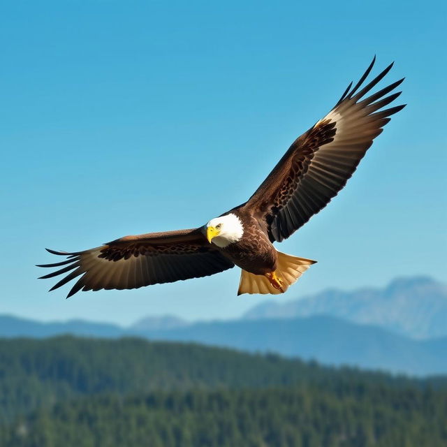 A powerful and majestic bald eagle soaring alone through a clear blue sky, showcasing its impressive wingspan and sharp features, with sunlight shining on its feathers, highlighting the contrast between the dark brown feathers and the bright white head