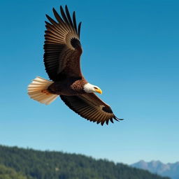 A powerful and majestic bald eagle soaring alone through a clear blue sky, showcasing its impressive wingspan and sharp features, with sunlight shining on its feathers, highlighting the contrast between the dark brown feathers and the bright white head