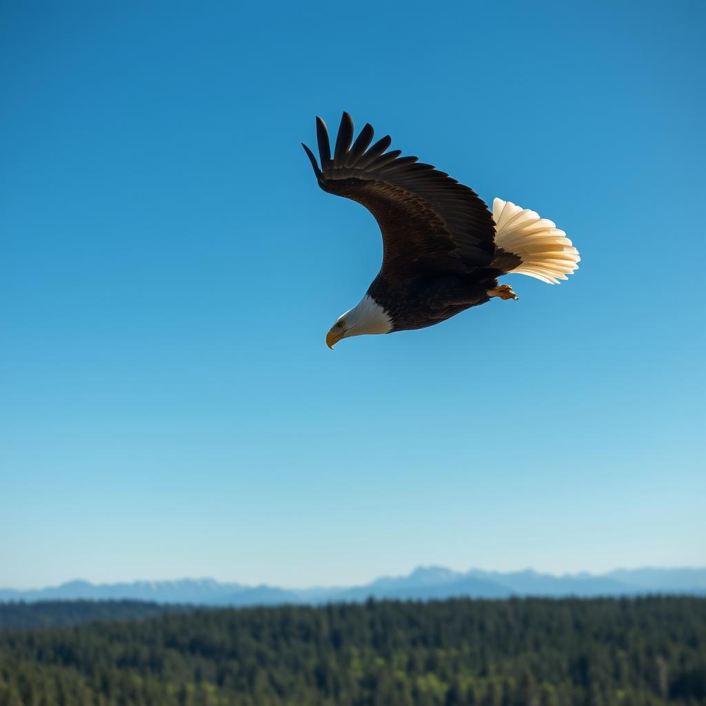 A powerful and majestic bald eagle soaring alone through a clear blue sky, showcasing its impressive wingspan and sharp features, with sunlight shining on its feathers, highlighting the contrast between the dark brown feathers and the bright white head