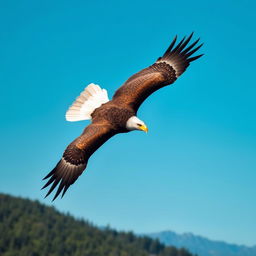 A powerful and majestic bald eagle soaring alone through a clear blue sky, showcasing its impressive wingspan and sharp features, with sunlight shining on its feathers, highlighting the contrast between the dark brown feathers and the bright white head