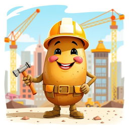 A whimsical potato character dressed as a construction worker, complete with a hard hat and toolbelt, standing confidently on a construction site