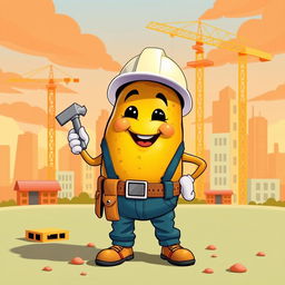 A whimsical potato character dressed as a construction worker, complete with a hard hat and toolbelt, standing confidently on a construction site