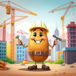 A whimsical potato character dressed as a construction worker, complete with a hard hat and toolbelt, standing confidently on a construction site